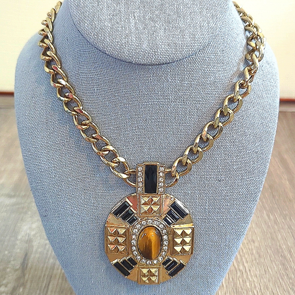 Vintage Tiger's Eye Statement Necklace Cuban Link